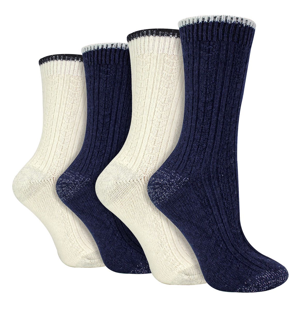 4er Pack Damen Kabelstrick Socken | Wildfeet | Lurex Glitzer Socken für Frauen - Blau/Creme