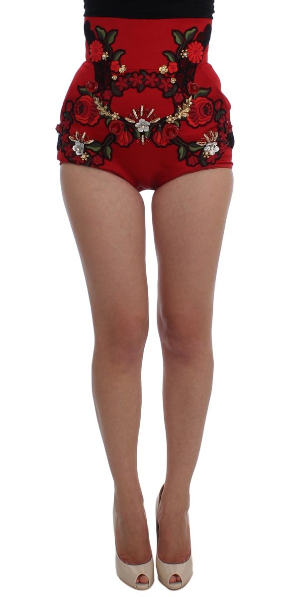 Dolce & Gabbana Rote Seidenkristallrosen-Shorts