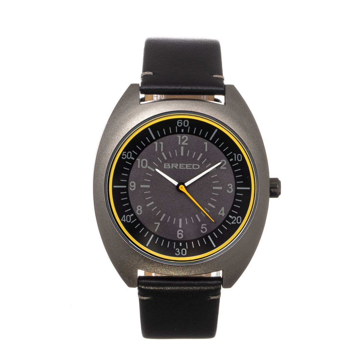 Moderne Uhr mit Gunmetal-Gehäuse und gelben Akzenten