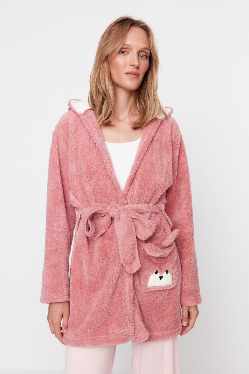 Fleece Bademantel mit Kapuze und Applikation
