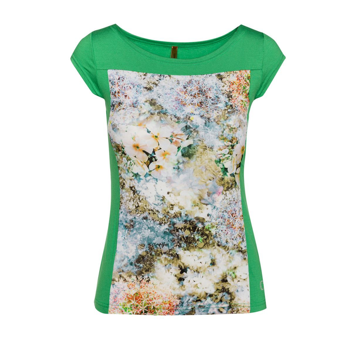 Grünes Top mit Blumenmuster und Rundhalsausschnitt