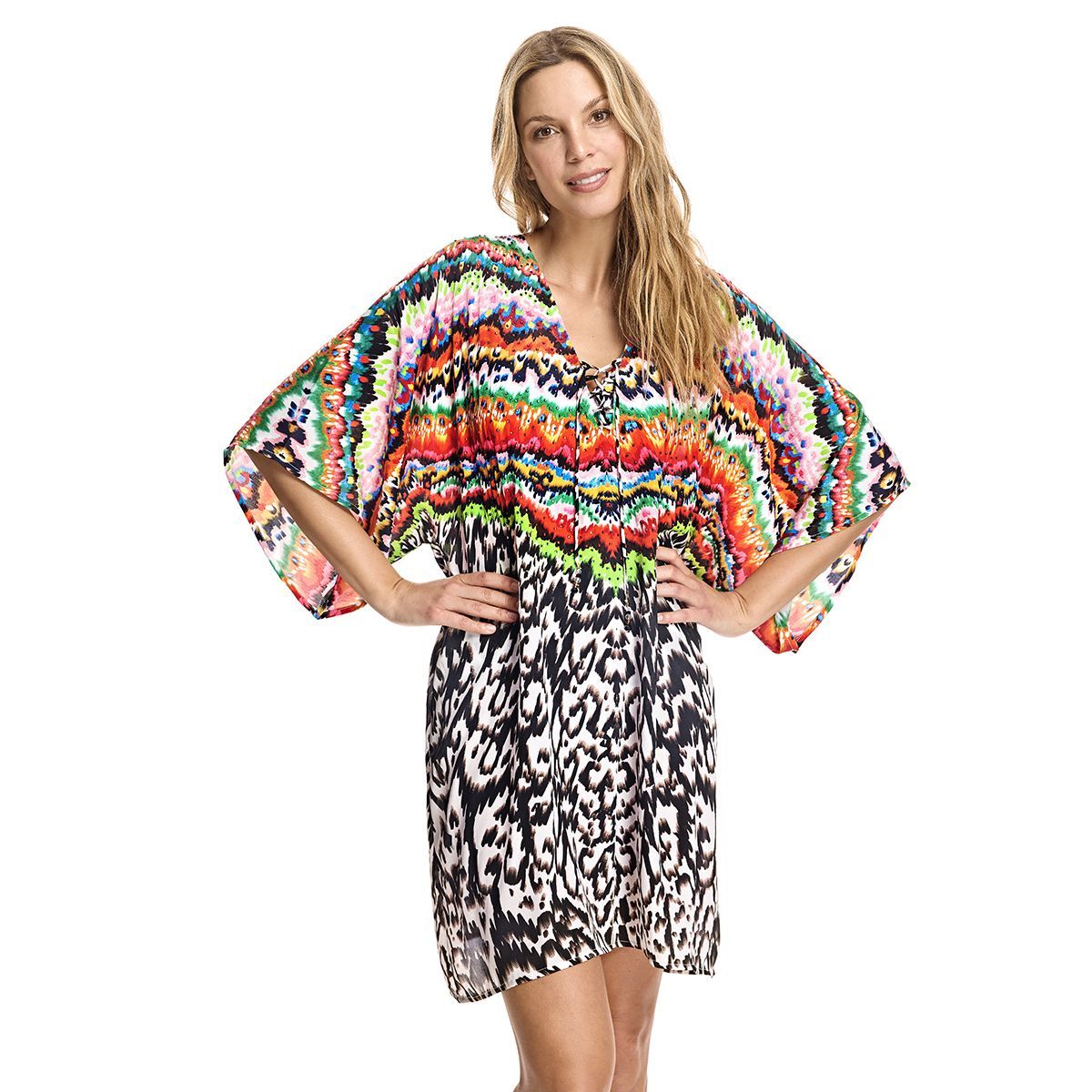 Kaftankleid mit V-Ausschnitt und buntem Druck