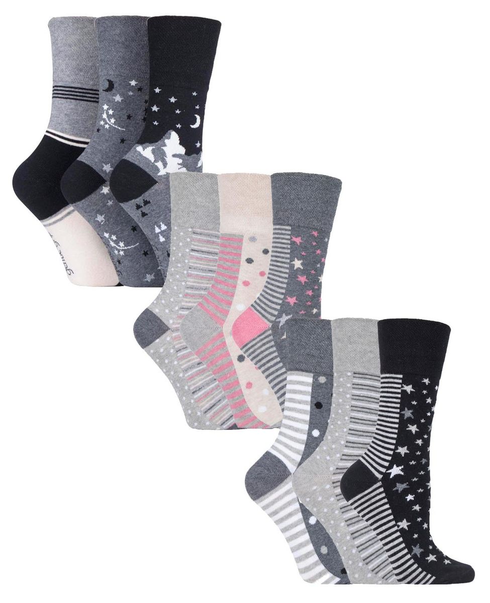 9 Paar Multipack Ladies Cotton Crew Non Elastic Socks | Gentle Grip | Womens Soft Top Striped Patterned Non Binding Socks - Grey Mix