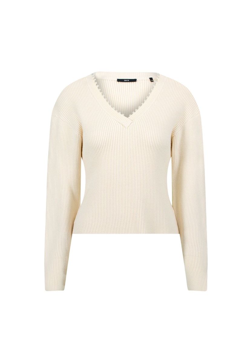 Gerippter Strick V-Ausschnitt Pullover mit Perlen