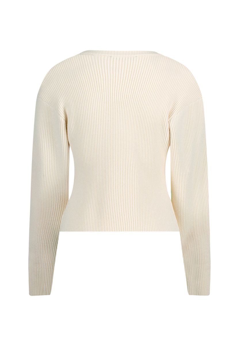Gerippter Strick V-Ausschnitt Pullover mit Perlen