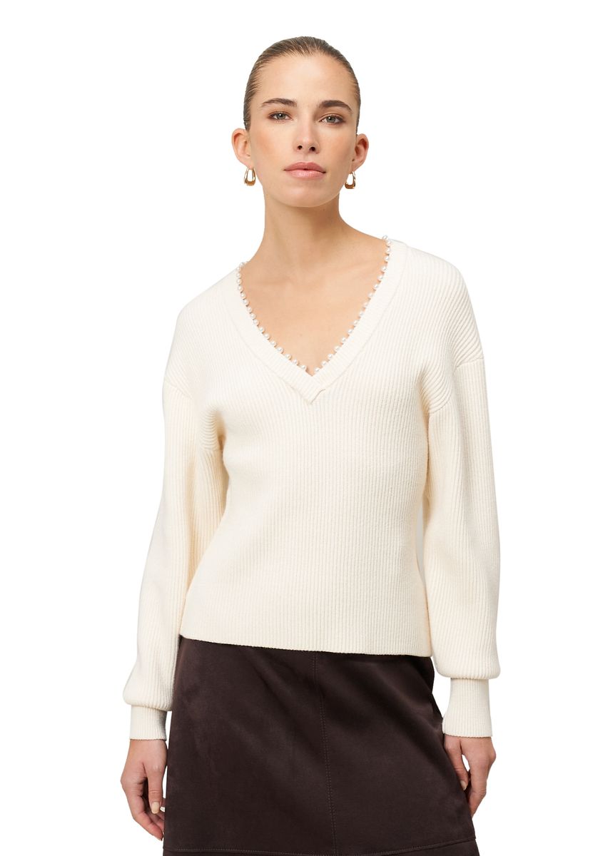 Gerippter Strick V-Ausschnitt Pullover mit Perlen