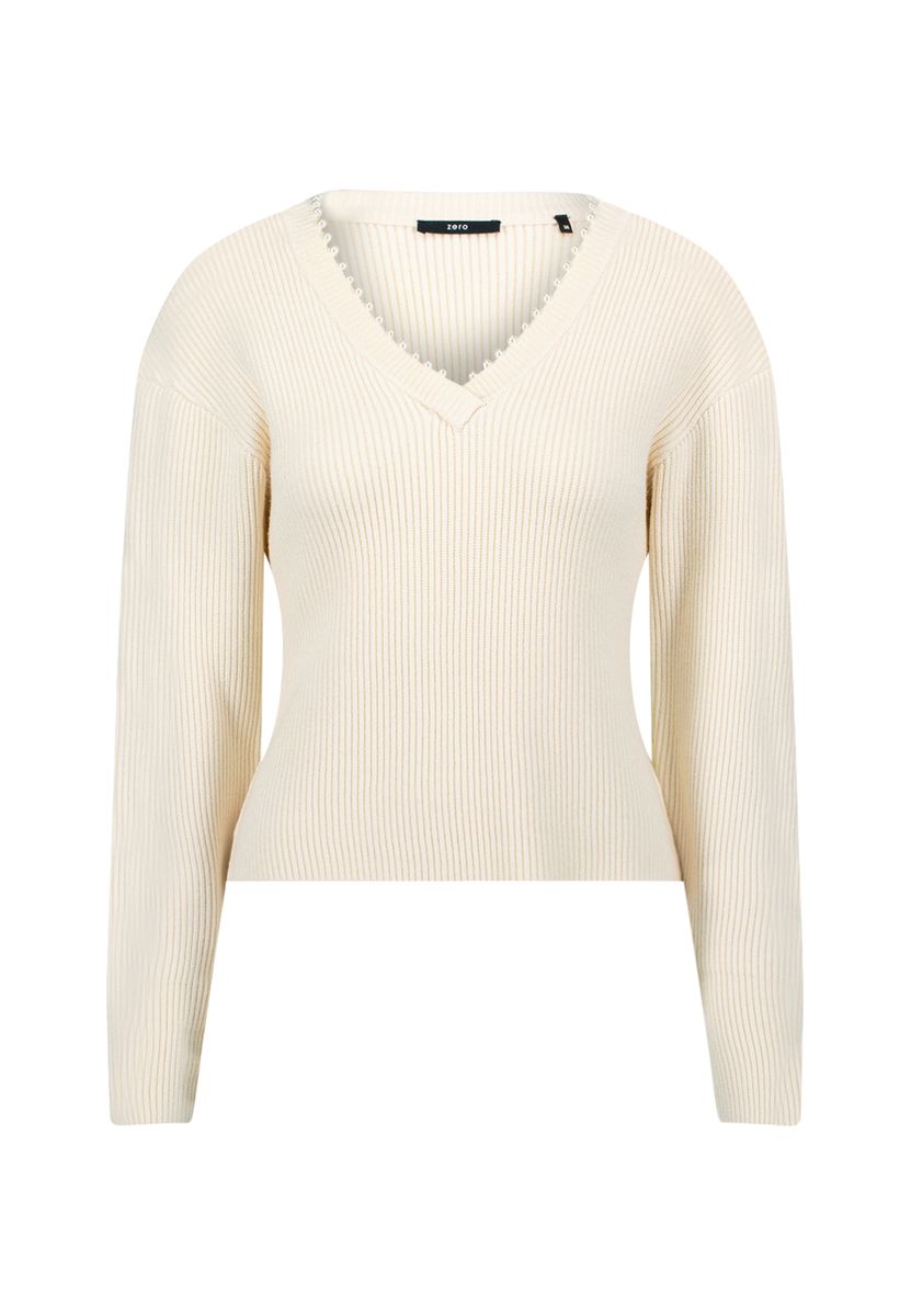 Gerippter Strick V-Ausschnitt Pullover mit Perlen