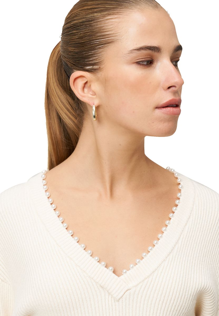 Gerippter Strick V-Ausschnitt Pullover mit Perlen