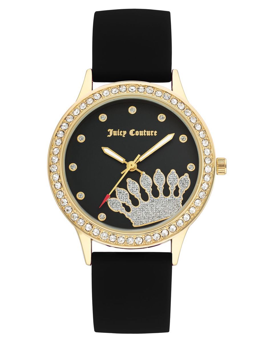 Schwarze und goldene analoge Uhr mit Krone