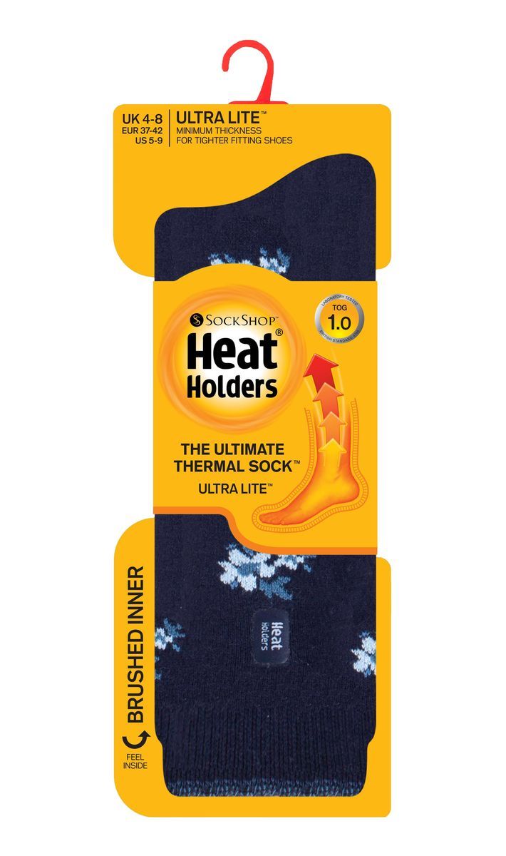 Heat Holders Damen Ultra Lite Thermo-Socken mit gebürstetem Innengarn, Marineblau mit Blumenmuster (Bellis)