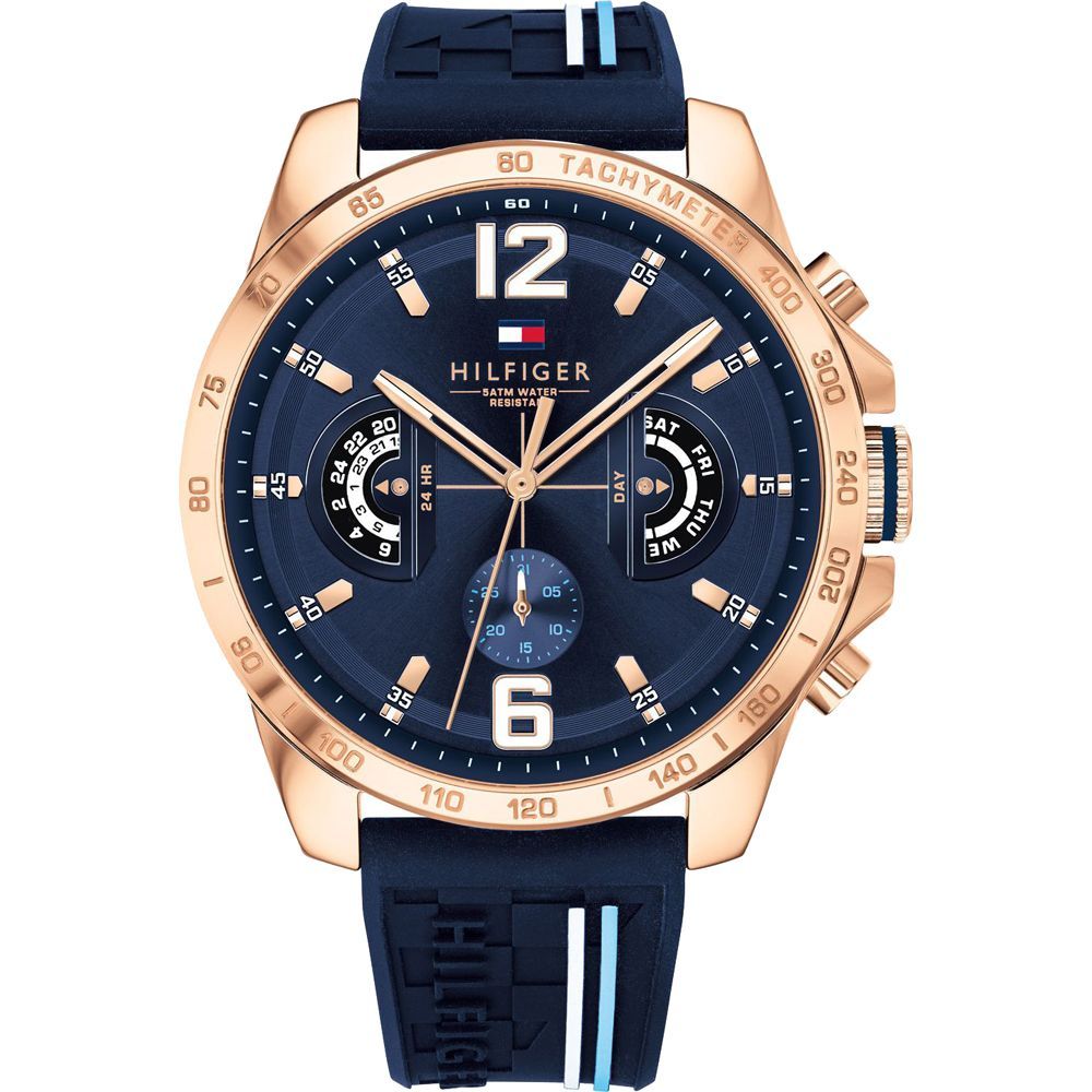 Blaue und roségoldene Herrenuhr