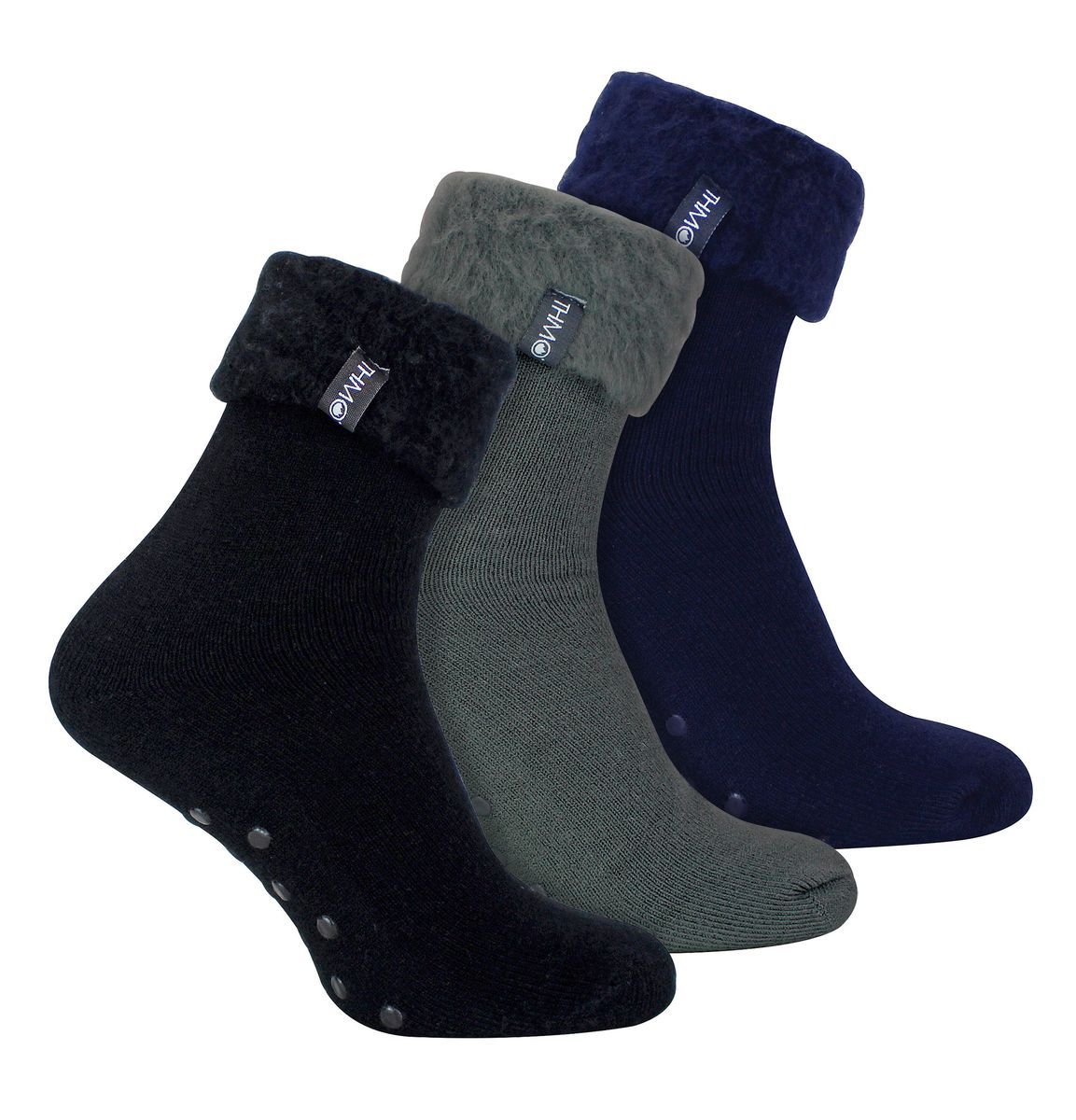3er-Pack Herren-Bettsocken mit Griffen | THMO | Kuschelige Thermo-Pantoffel-Lounge-Socken - sortiert
