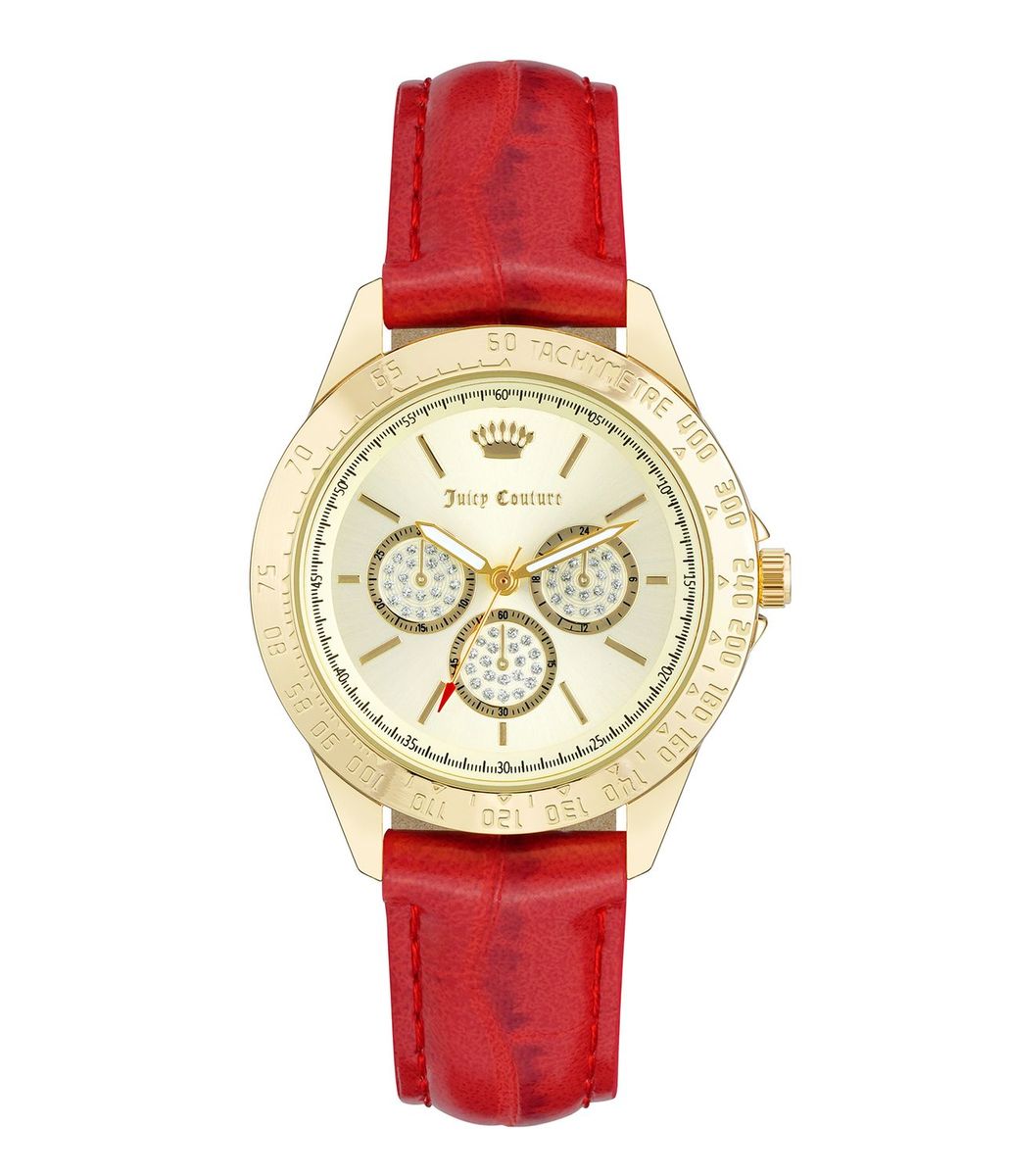 Elegante goldfarbene Uhr mit rotem Band