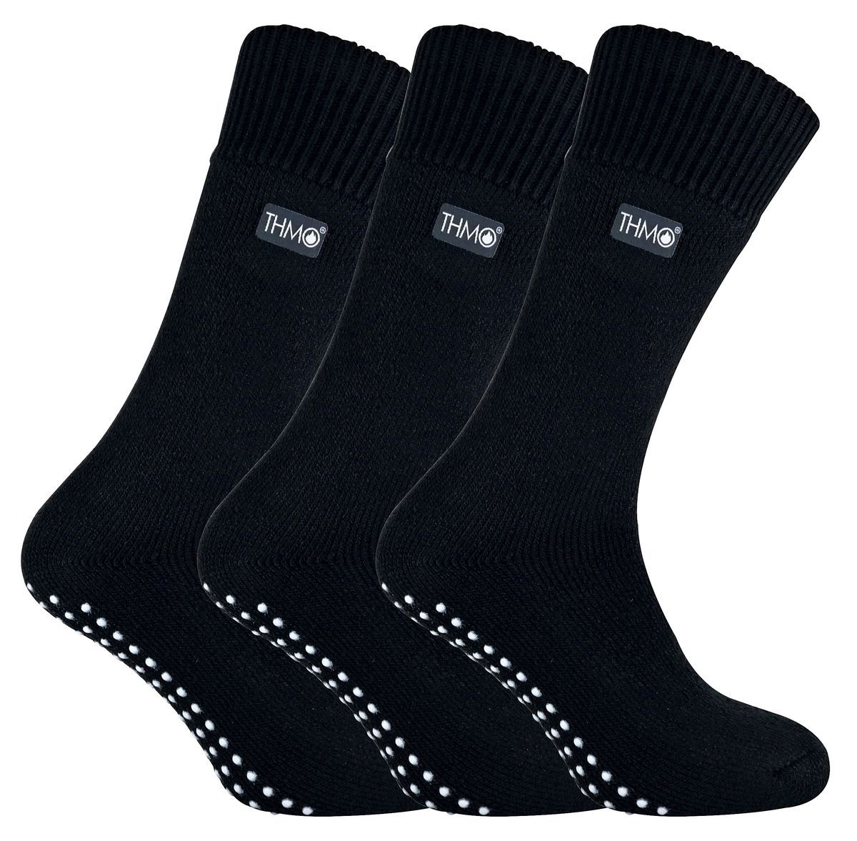 THMO - 3 Paar Herren Fleece-gefütterte Hausschuhsocken mit Greifern - Schwarz