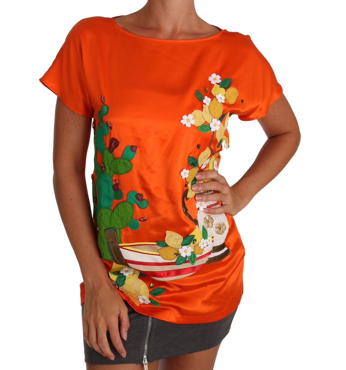 Dolce & Gabbana Seiden-Orrangen-Zitronen-Kristall-T-Shirt-Top
