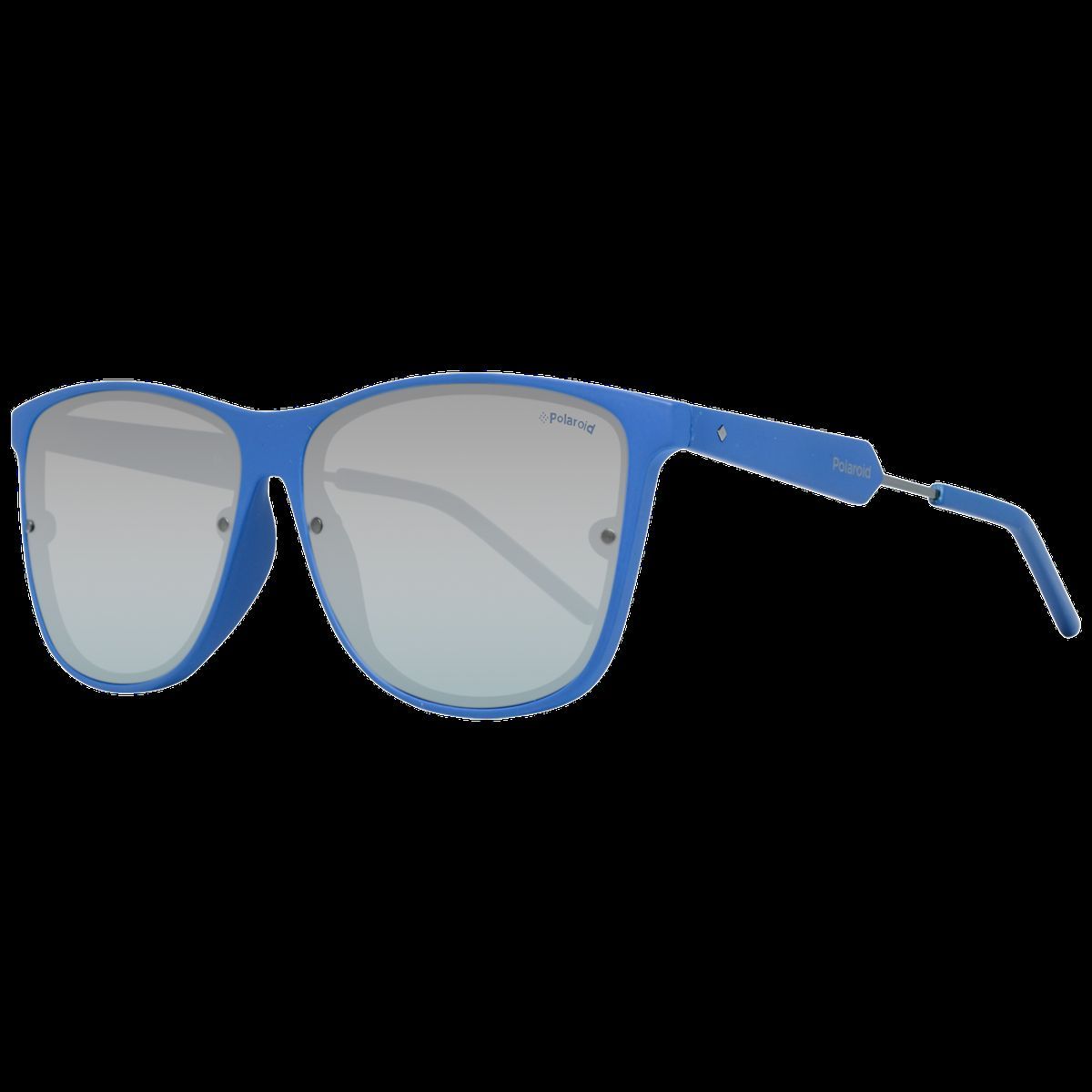 Quadratische blaue Sonnenbrille mit silbernen Gläsern