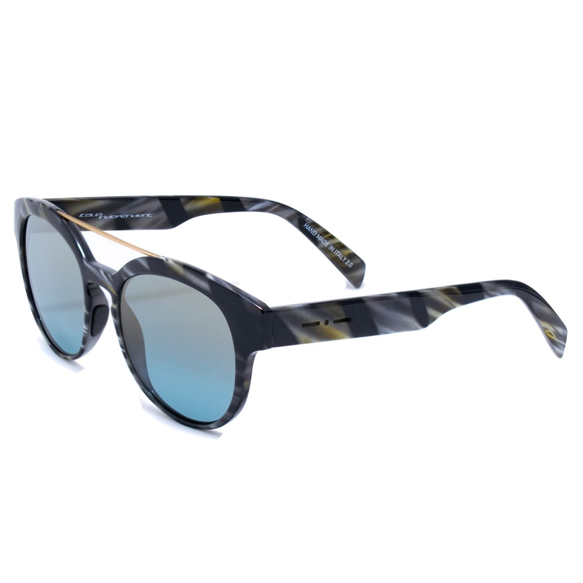 Runde Acetat-Sonnenbrille mit blau verspiegelten Gläsern