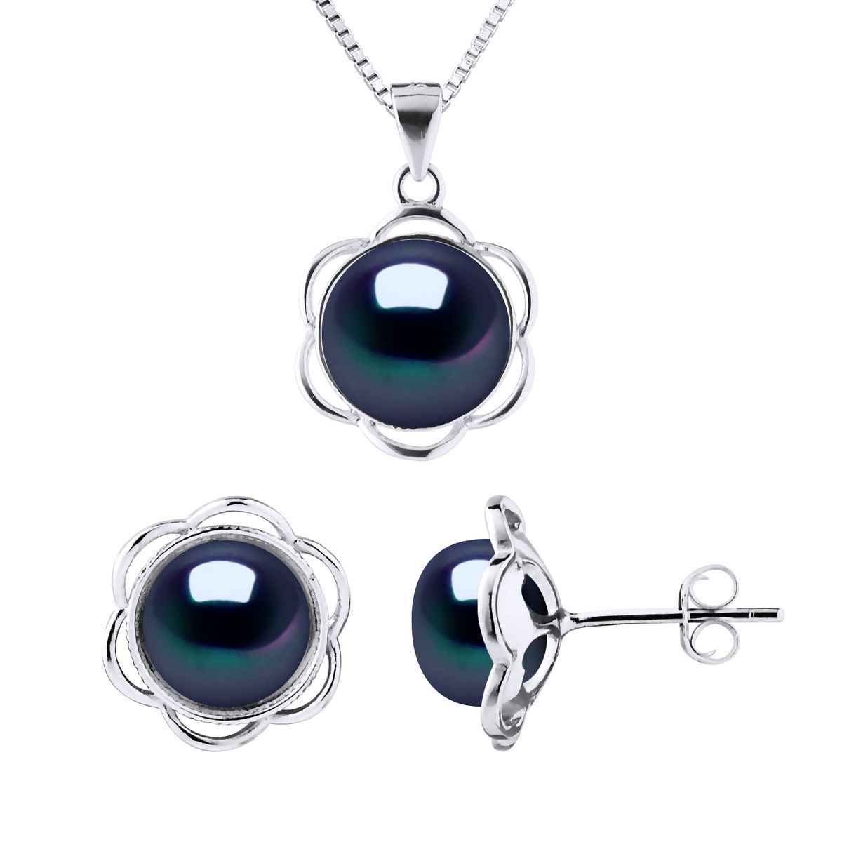 Schwarzes Perlenanhänger und Ohrring Set