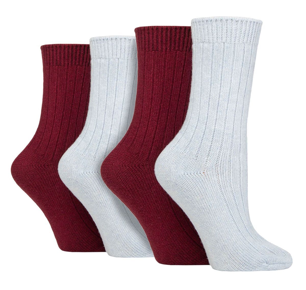 4er-Pack Damen Kaschmir-Stiefelsocken | Wildfeet | Gerippte Crew Wollbettsocken - Blau/Mauve