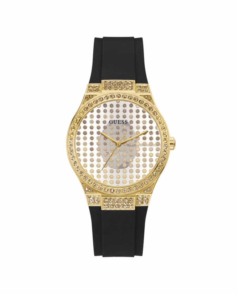 Elegante goldfarbene Uhr mit schwarzem Armband