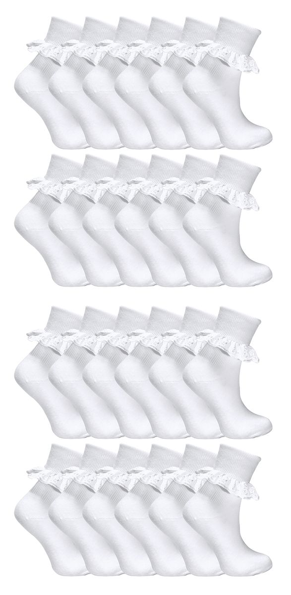 24 Paar Mädchenspitze Socken Multipack | Hübsche Baumwoll-Söckchen mit Rüsche in Weiß | Ideal für die Schuluniform - Weiß