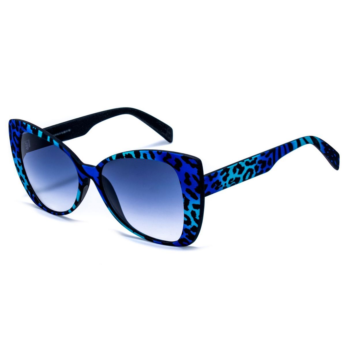 Blaue Sonnenbrille mit Leopardenmuster im Cat-Eye-Stil