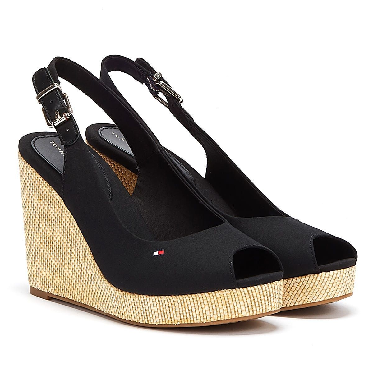 Schwarze Slingback-Sandalette mit Keilabsatz und Peeptoe