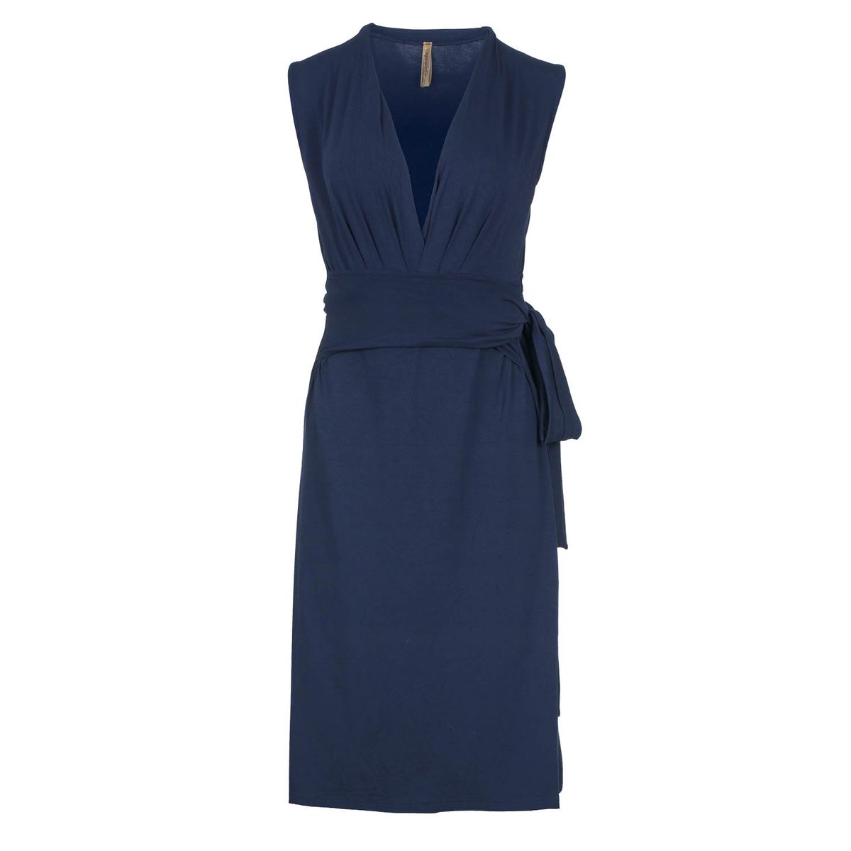 Ärmelloses marineblaues Wickelkleid mit Bindegürtel