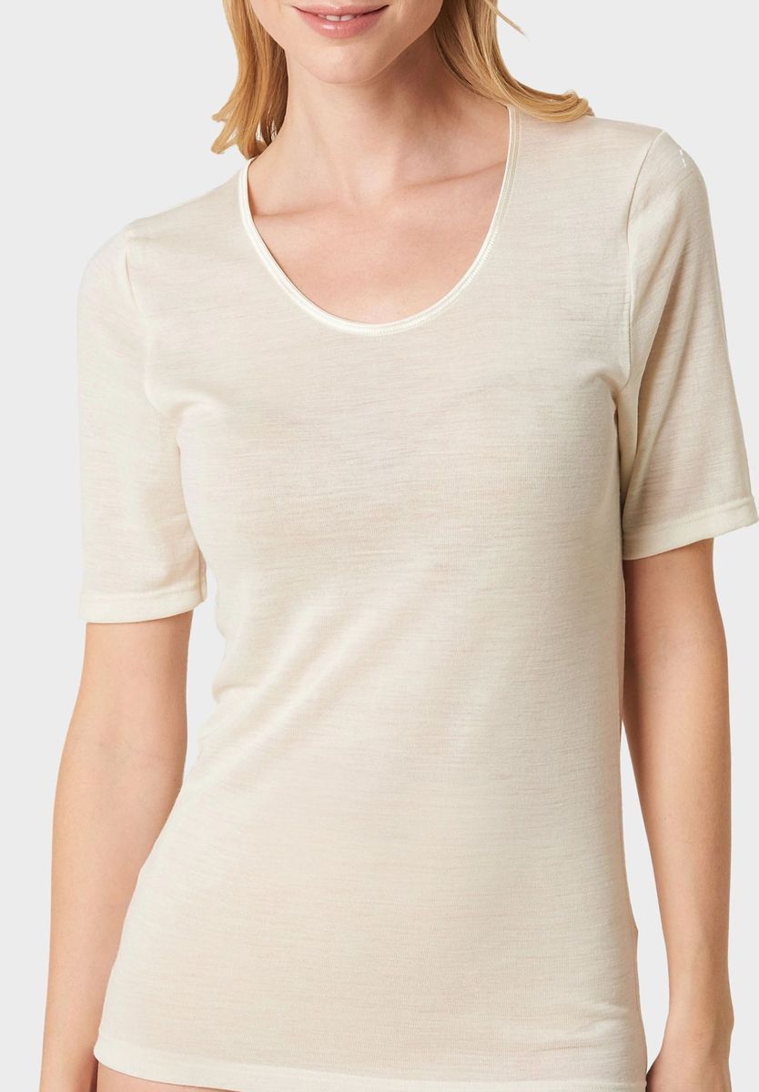 Beiges Wollmischungs-Kurzarm-Top