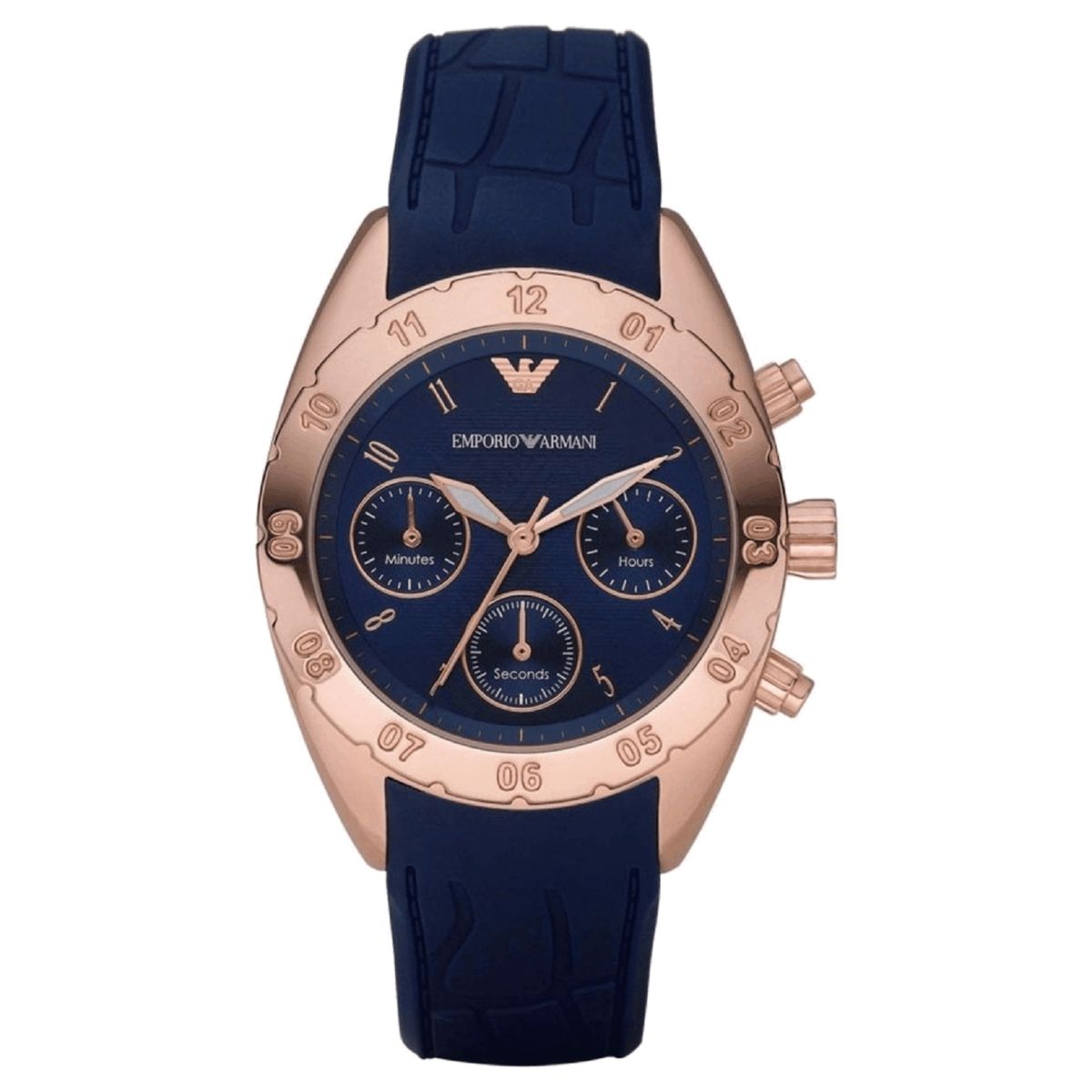 Roségoldfarbene Chronographenuhr mit blauem Zifferblatt
