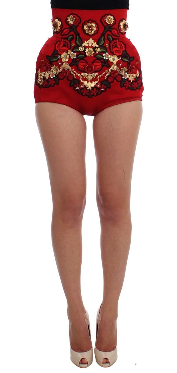 Dolce & Gabbana Rote Seidenkristallrosen-Shorts