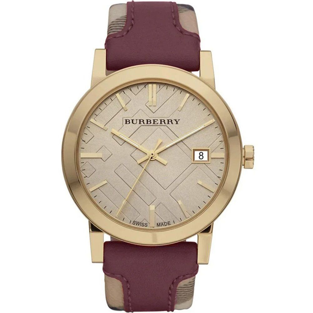 Goldfarbene Uhr mit burgunderrotem Armband