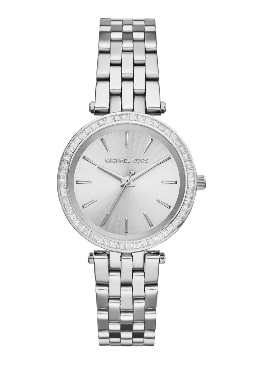 Elegante silberfarbene Uhr mit Kristalllünette