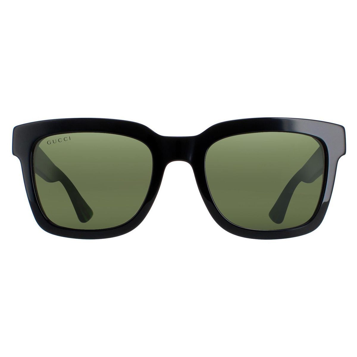 Schwarze Sonnenbrille mit eckigem Rahmen und grünen Gläsern