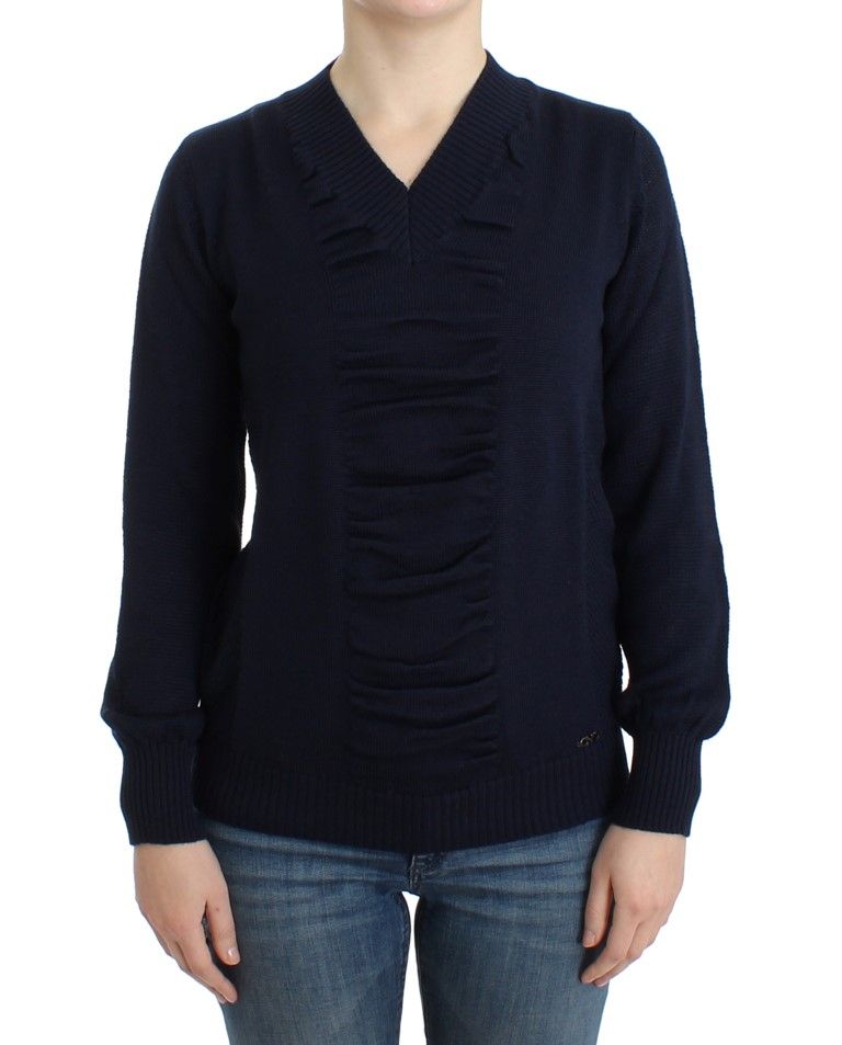 Dunkelblauer Wollpullover mit V-Ausschnitt