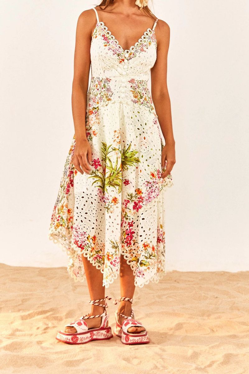 Midi-Kleid mit Lochstickerei und Blumendruck