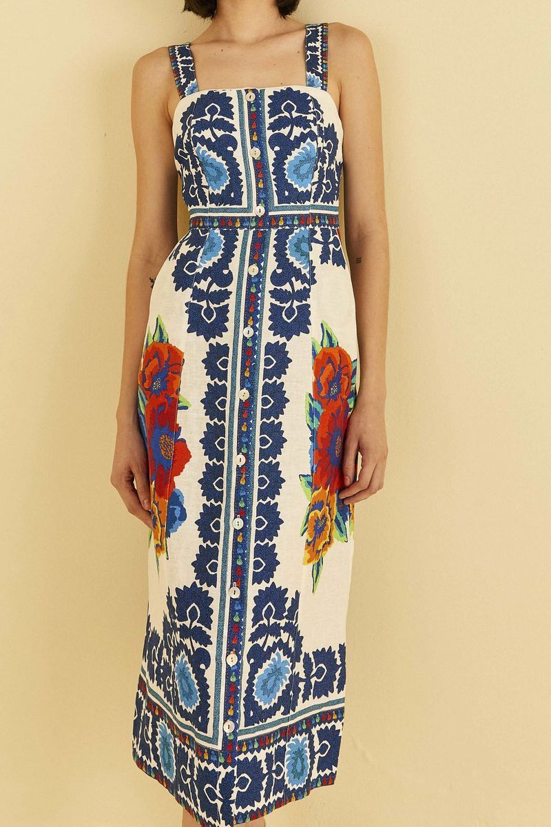 Blumenmuster Leinen Midikleid