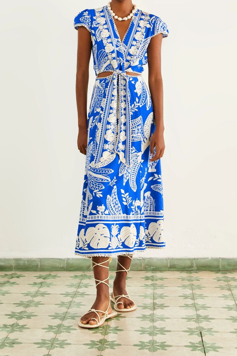 Blaues Spitzen-Midi-Kleid mit Bananenmuster