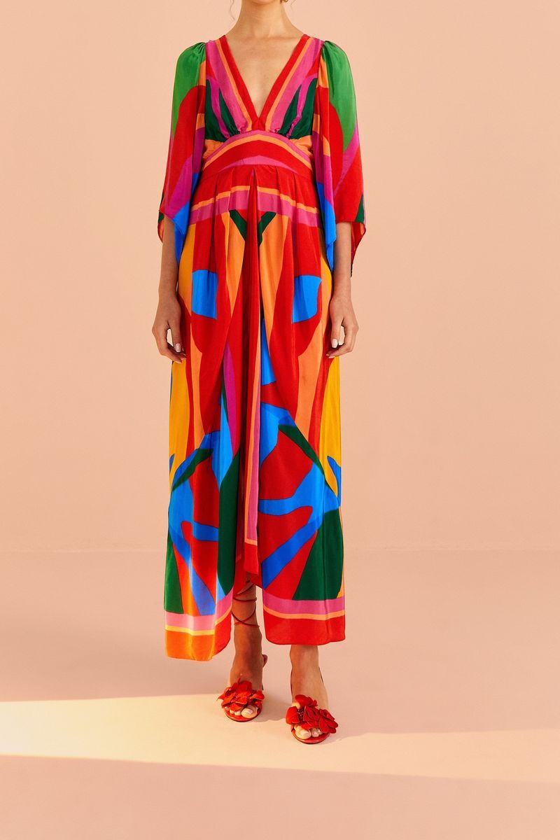 Geometrisches V-Ausschnitt Midikleid