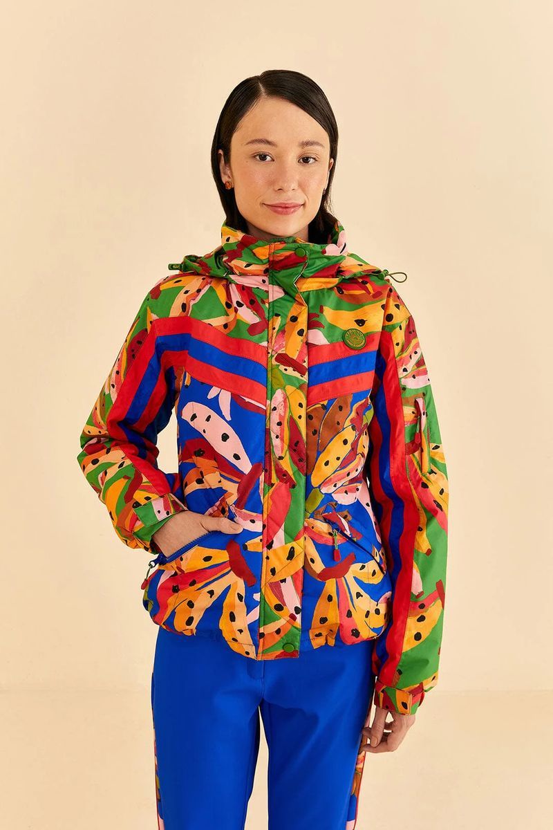 Bunte Ski-Jacke mit Bananenmuster und Kapuze