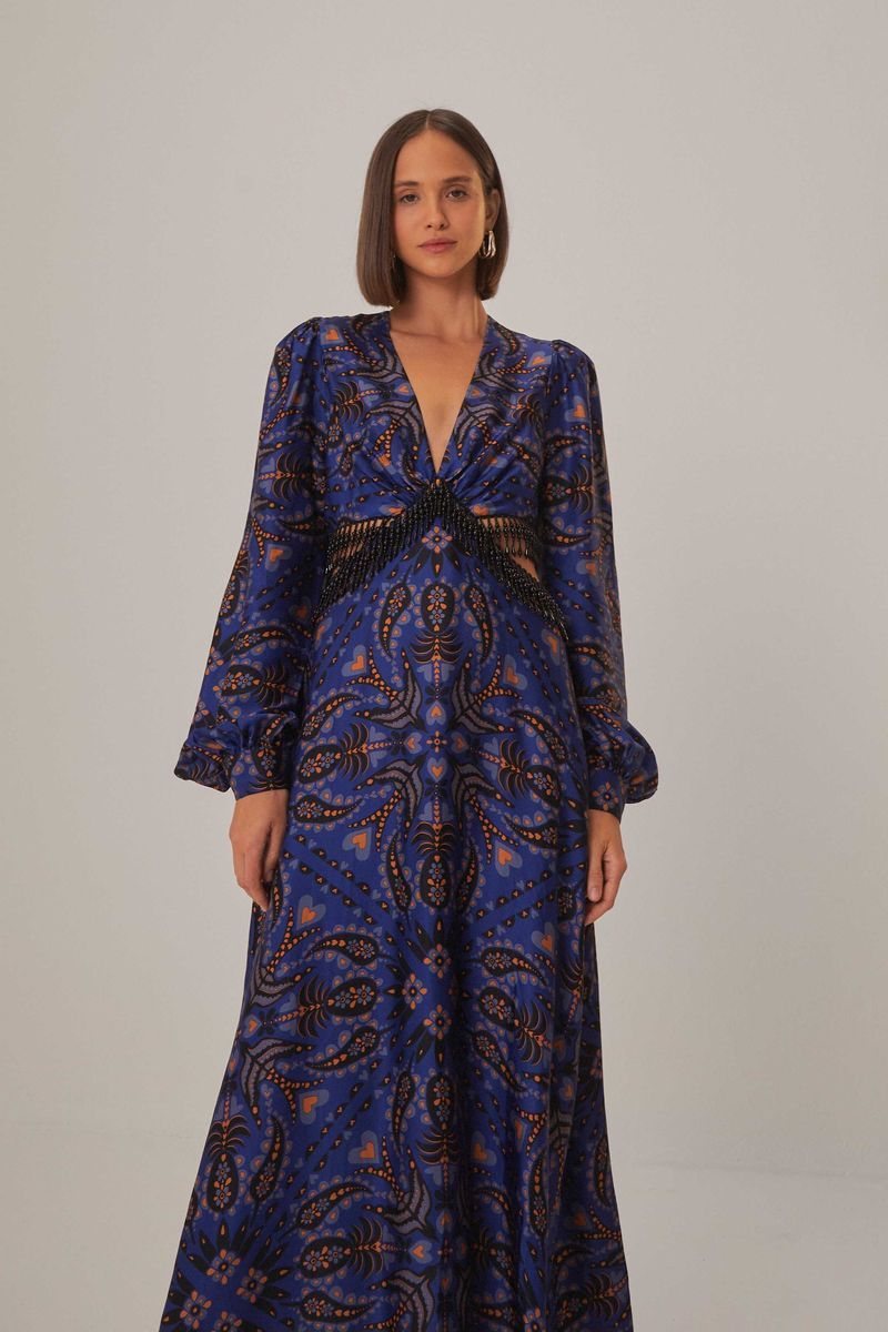 Blaues Maxikleid mit Print und Cut-Outs