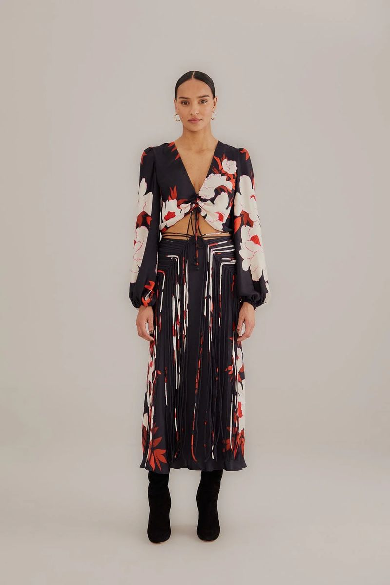 Fringed Midi-Rock mit Blumendruck