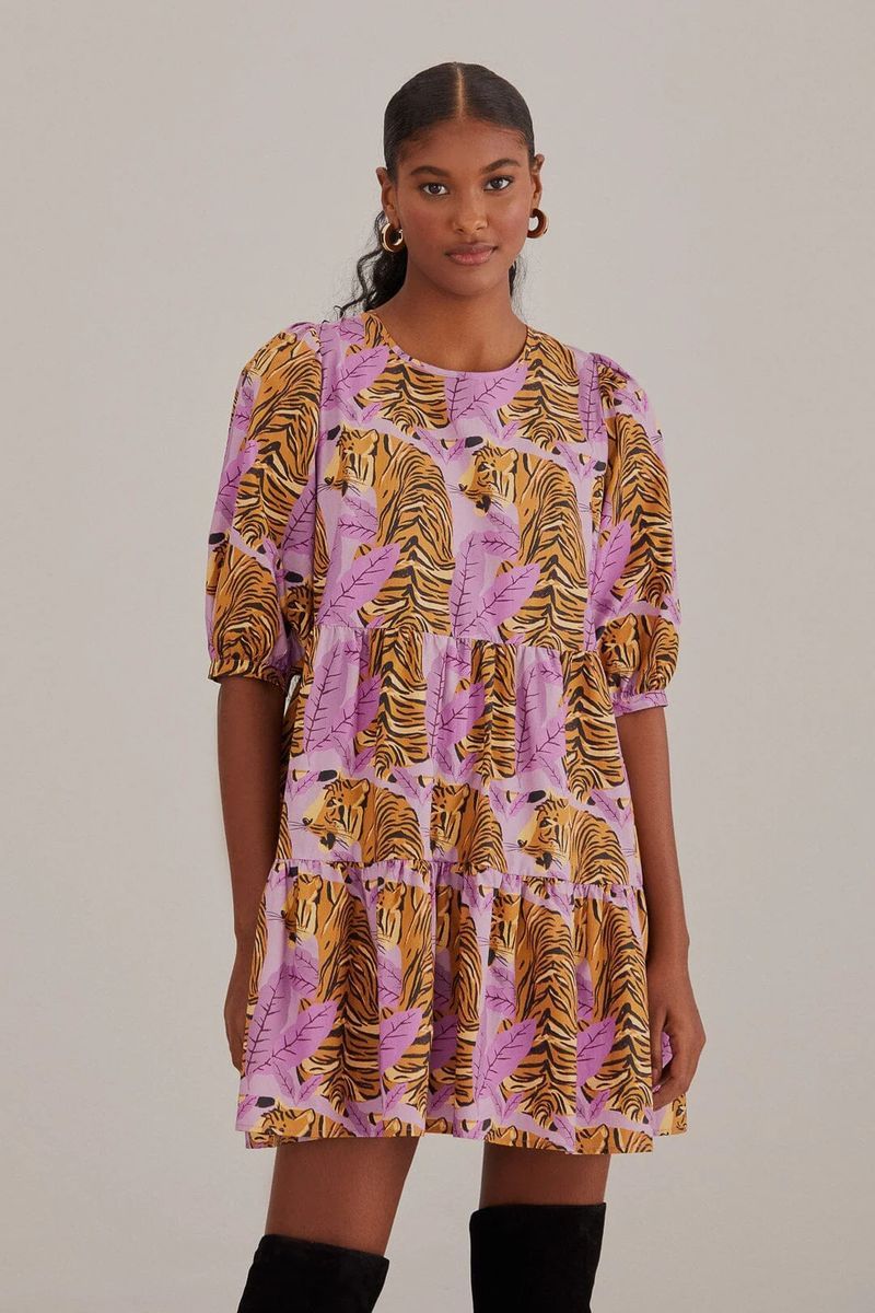 Gestuftes Mini-Kleid mit Tigerprint