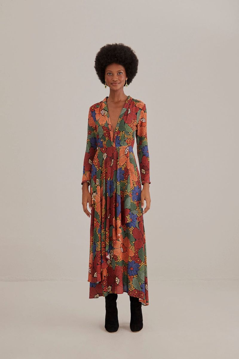 Maxi-Kleid mit Blumenmuster und V-Ausschnitt