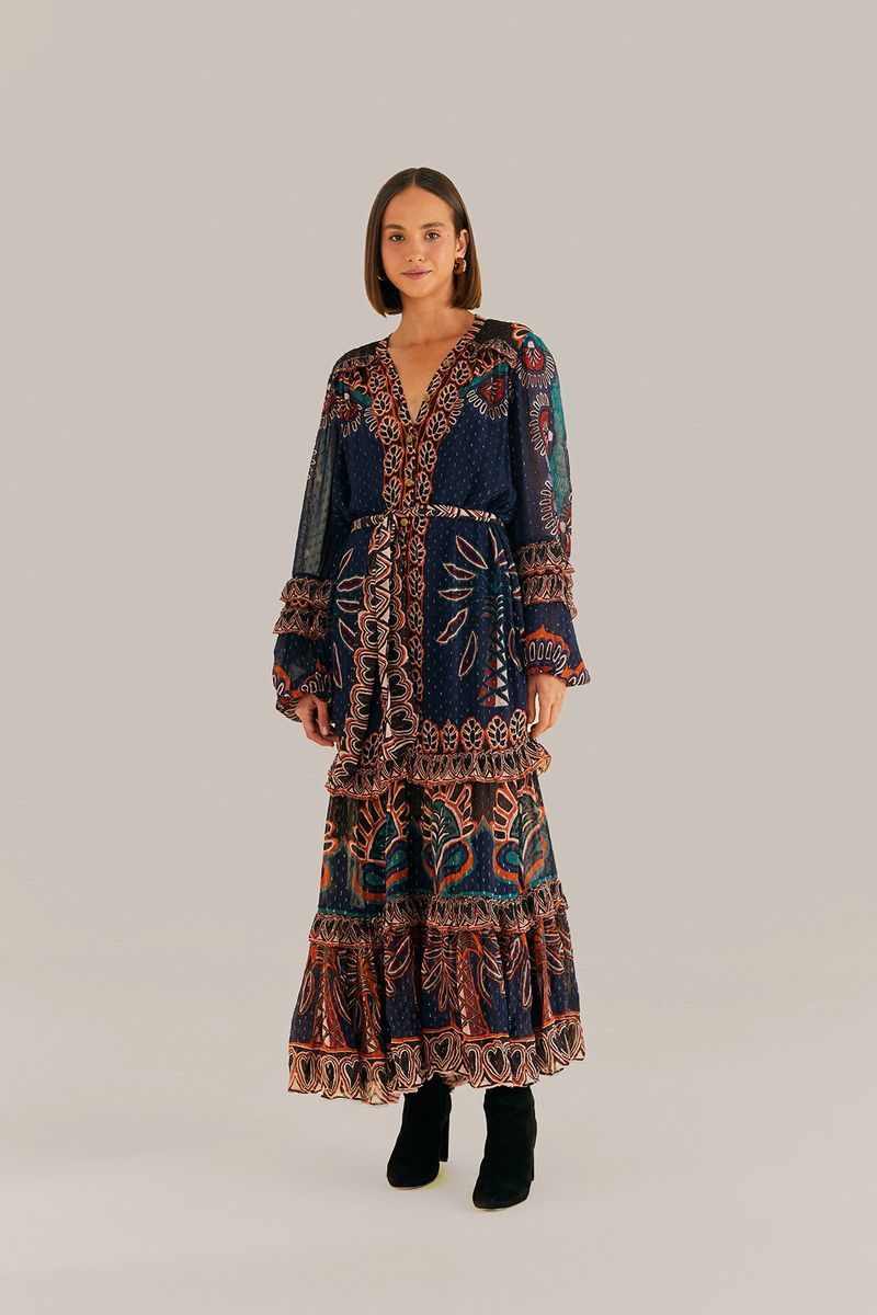 Maxikleid mit Gobelinmuster und Rüschen