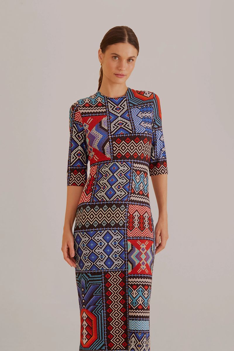 Geometrisch bedrucktes, kurzärmeliges Midikleid