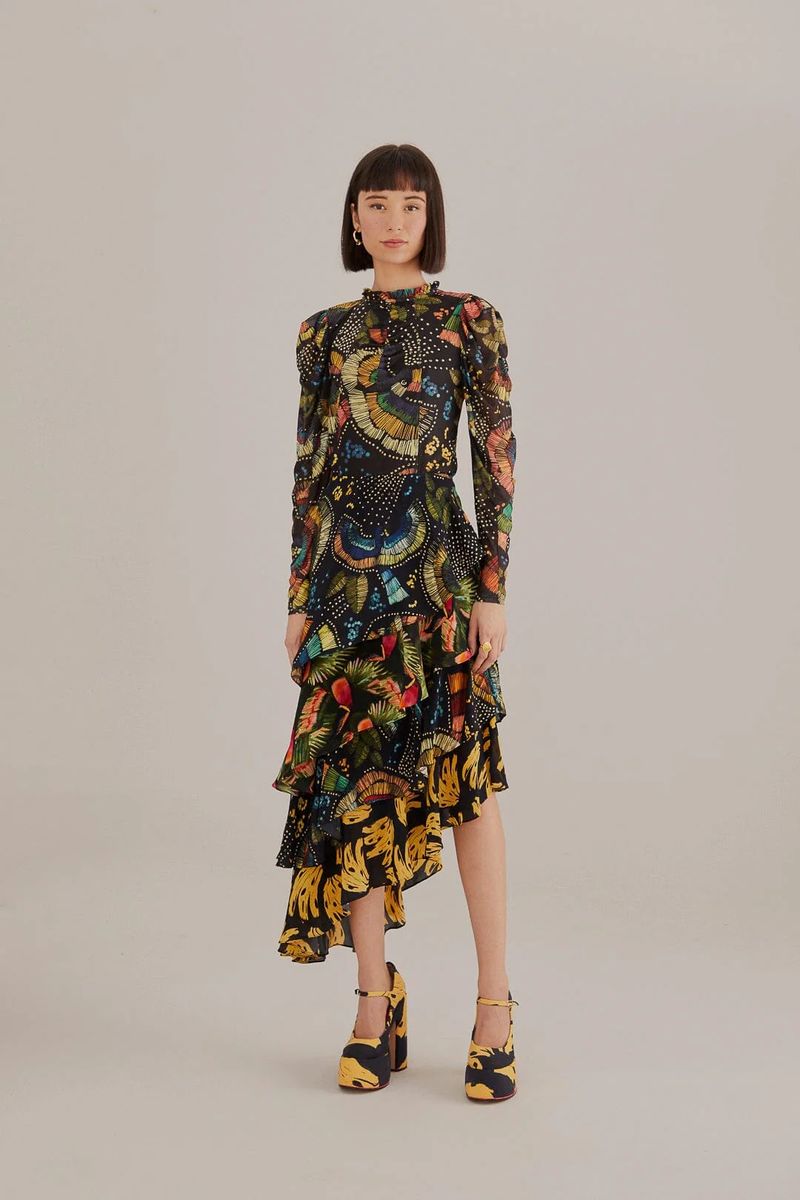 Buntes Tüll-Midikleid mit Vogelmuster und Rüschen