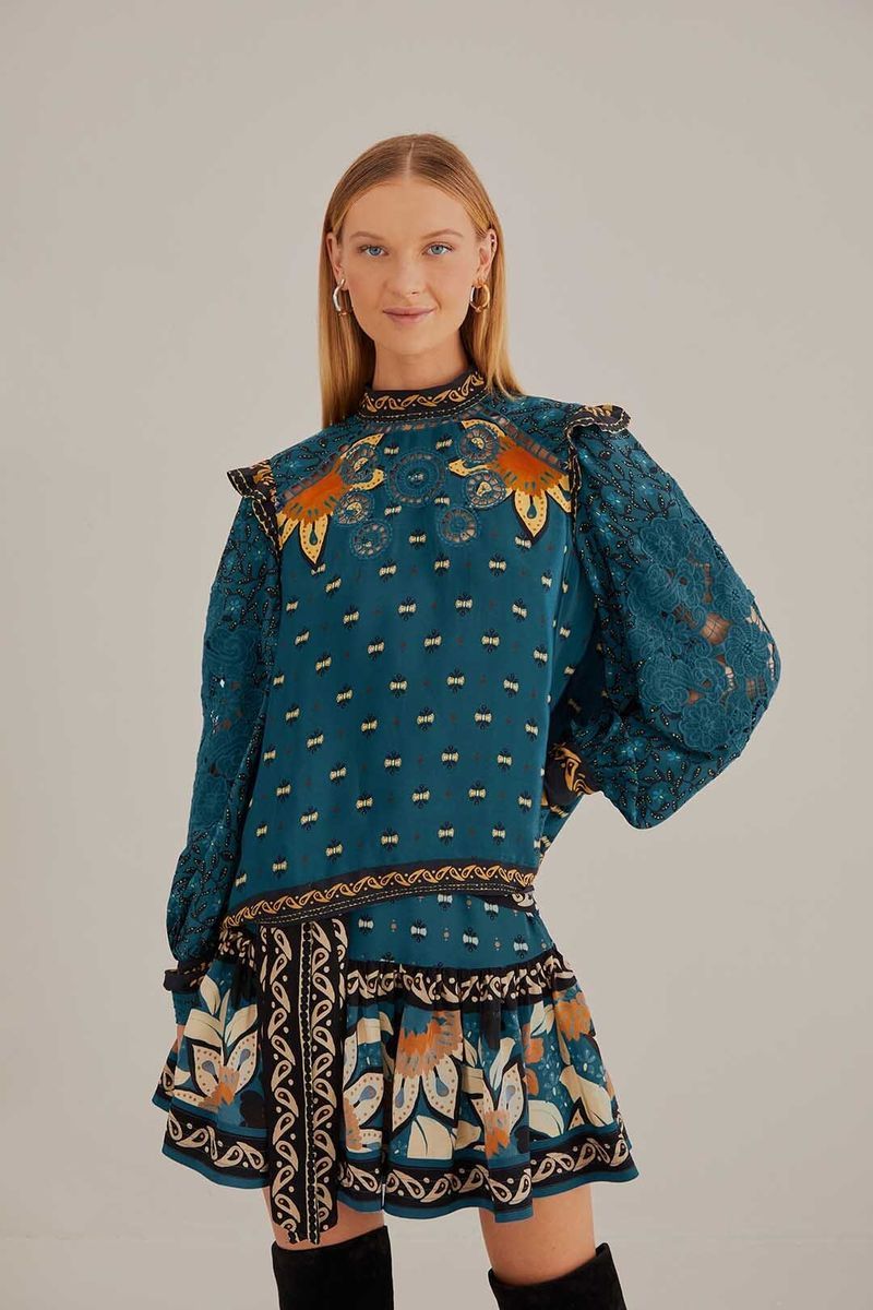 Elegante blaugrüne Bluse mit Blumenmuster und Spitze