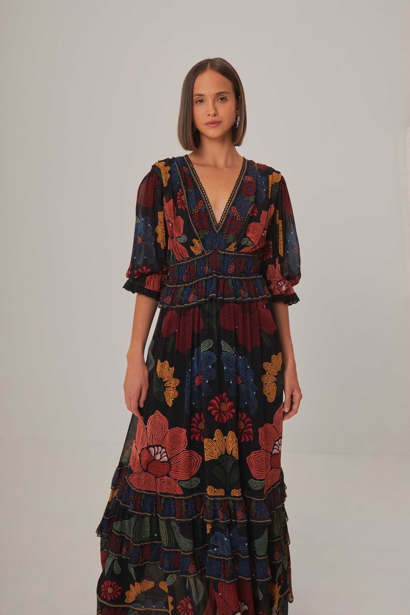 Maxikleid mit Blumenmuster und Rüschensaum