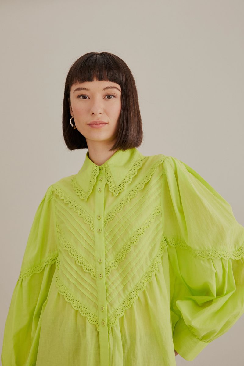 Neon Grüne Bluse mit Spitzenbesatz